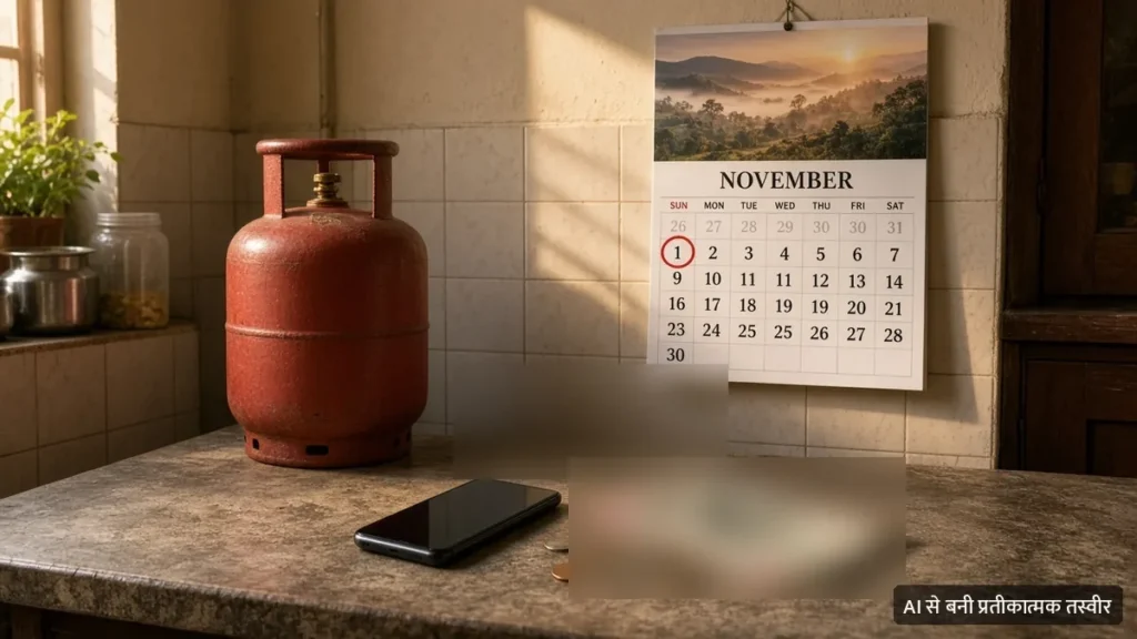 रसोई में रखा लाल LPG सिलेंडर, नवंबर का कैलेंडर जिसमें 1 तारीख पर गोला और मेज़ पर मोबाइल (AI से बनी प्रतीकात्मक तस्वीर)