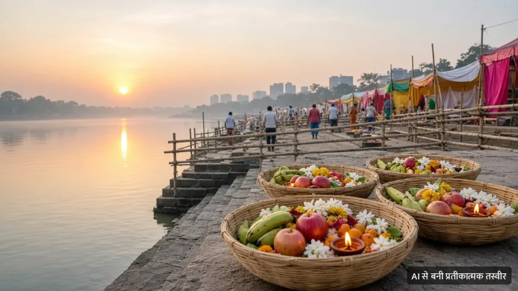 सूर्योदय के समय यमुना किनारे सजे छठ घाट पर फल और दीयों से भरे सूप (AI से बनी प्रतीकात्मक तस्वीर)