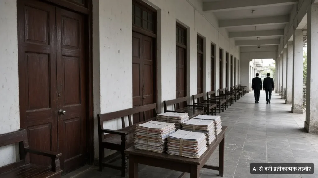 भारतीय ज़िला अदालत परिसर का सूना गलियारा, बंद कोर्टरूम के दरवाज़े और लकड़ी की बेंचें (AI से बनी प्रतीकात्मक तस्वीर)