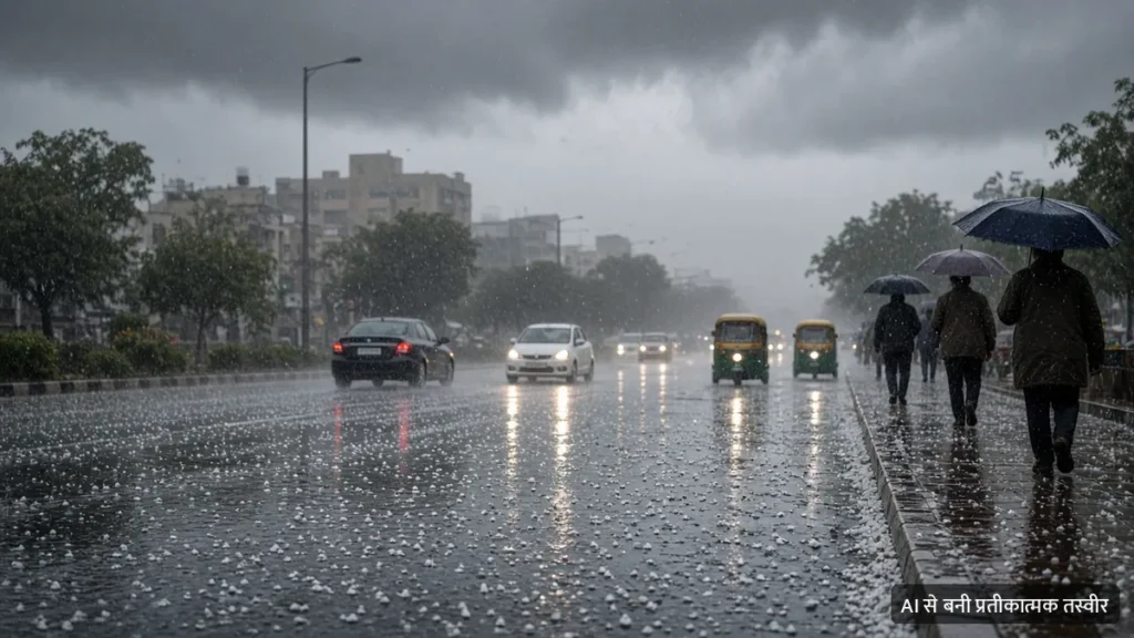काले बादलों के नीचे दिल्ली की सड़क पर तेज़ बारिश, गिरे ओले और छाता लेकर चलते लोग (AI से बनी प्रतीकात्मक तस्वीर)