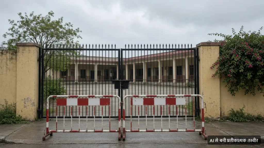सरकारी स्कूल का बंद गेट और उसके सामने पुलिस बैरिकेड (AI से बनी प्रतीकात्मक तस्वीर)