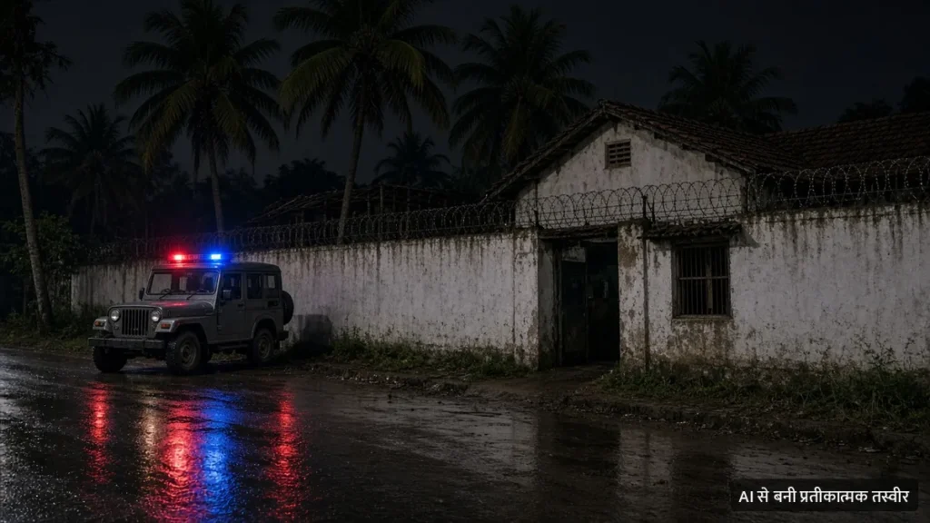 रात में ग्रामीण इलाके की छोटी जेल की ऊंची दीवार और कंटीले तार के पास चमकती लाल-नीली बत्ती वाली पुलिस जीप (AI से बनी प्रतीकात्मक तस्वीर)